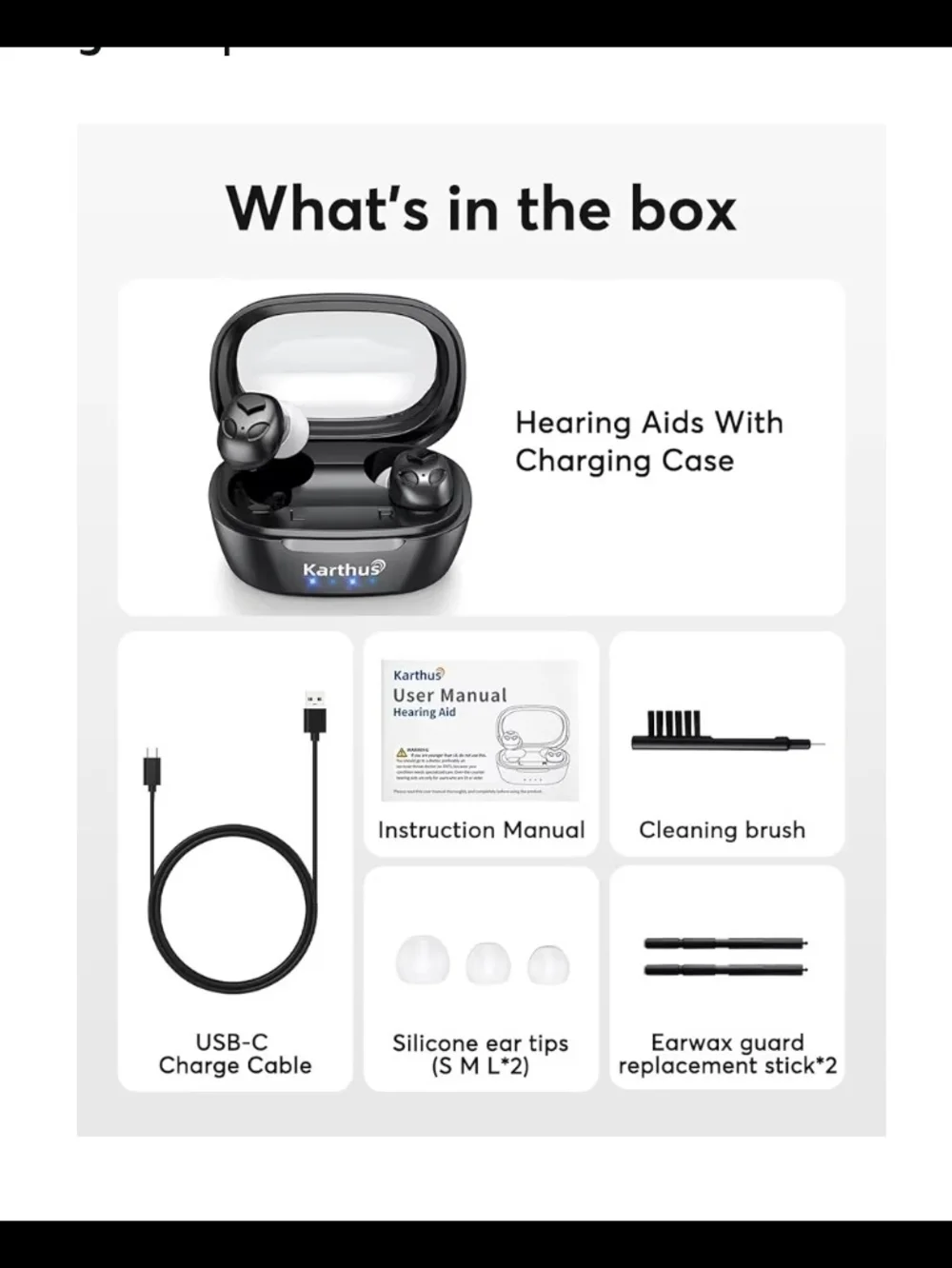 Black Wireless Hearing Aids with Charging Case
